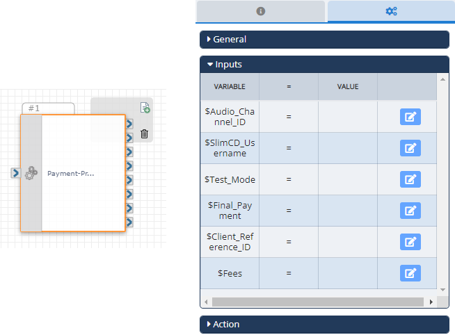 On the left the Payment Processor Smart Function action is selected on the board and on the right the Configurations Panel for that action is shown
